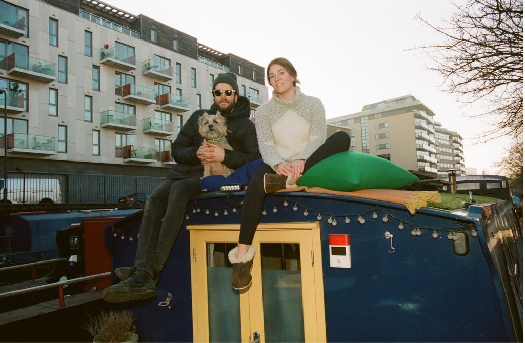James and Nora on their “floating home” in the London Canals